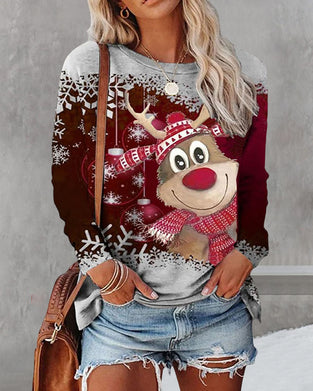 Topp med långärmad med rund hals med jultryck