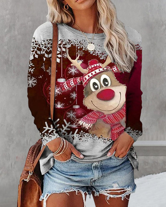 Topp med långärmad med rund hals med jultryck
