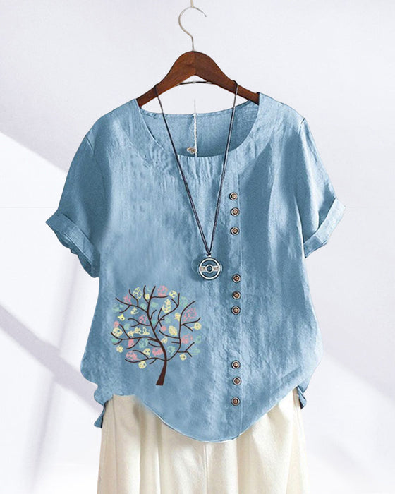 T-shirt med rund hals och bladtryck