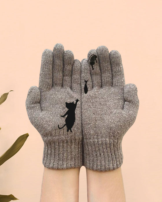 Varma Handskar med roliga katt- och fisktryck
