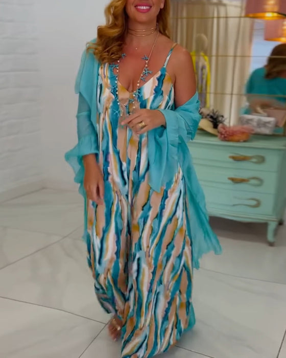 Jumpsuit-set med tryckta hängslen