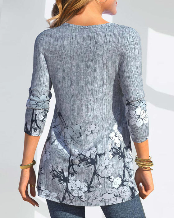 Blommig casual bluse med tryck och knappar