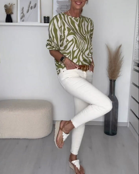 Zebratryck blus med rund hals