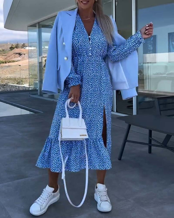 V-ringad blommig patchworkklänning