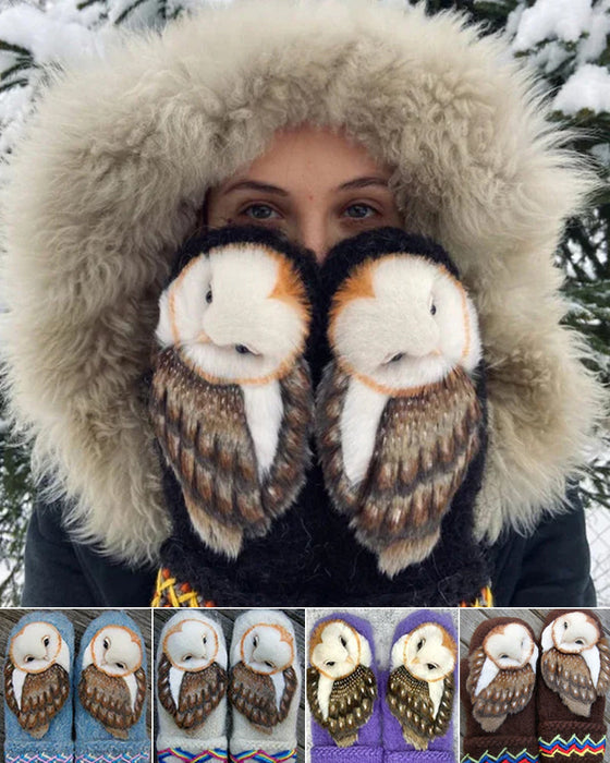 Handvävda nordiska handskar i ylle med ugglor