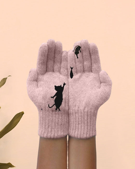 Varma Handskar med roliga katt- och fisktryck