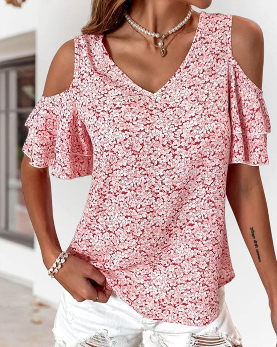 T-shirt med blommönster med kall axel