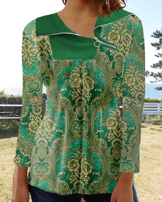 Tryckt dragkedja långärmad topp