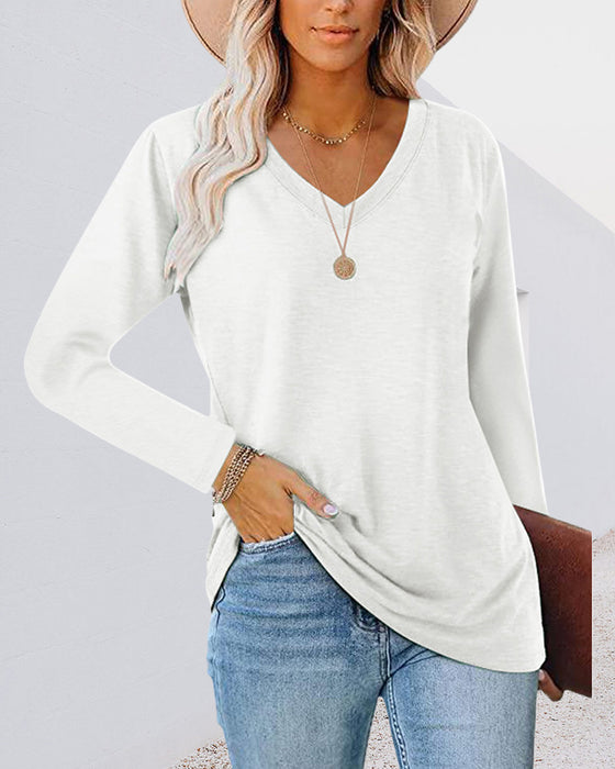 V-ringad enfärgad långärmad t-shirt