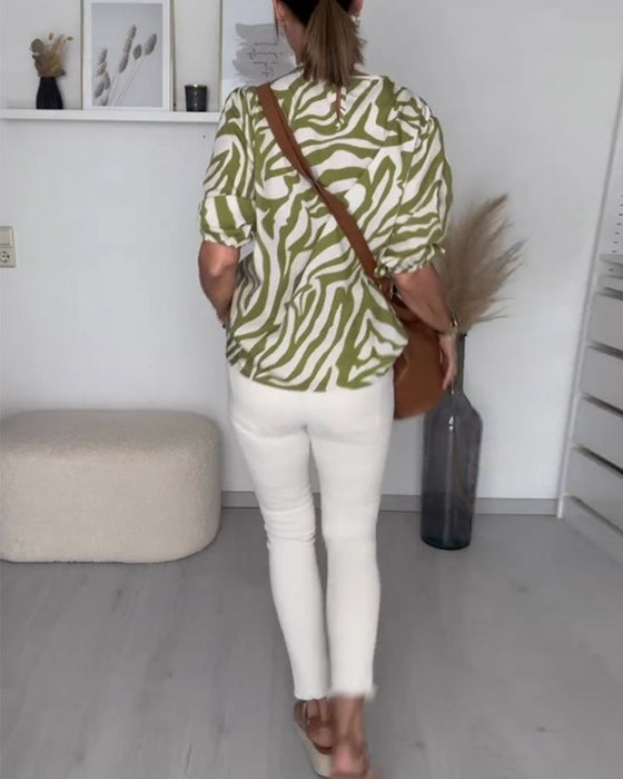 Zebratryck blus med rund hals