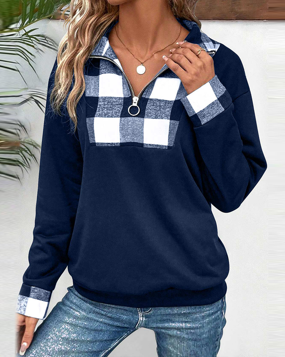 Avslappnad rutig tröja med halv dragkedja