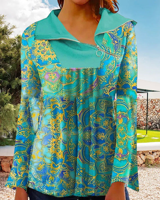 Tryckt dragkedja långärmad topp