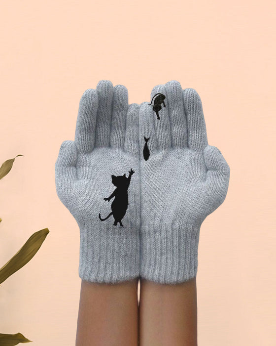Varma Handskar med roliga katt- och fisktryck