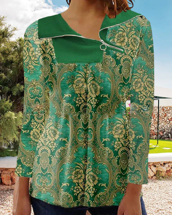 Tryckt dragkedja långärmad topp