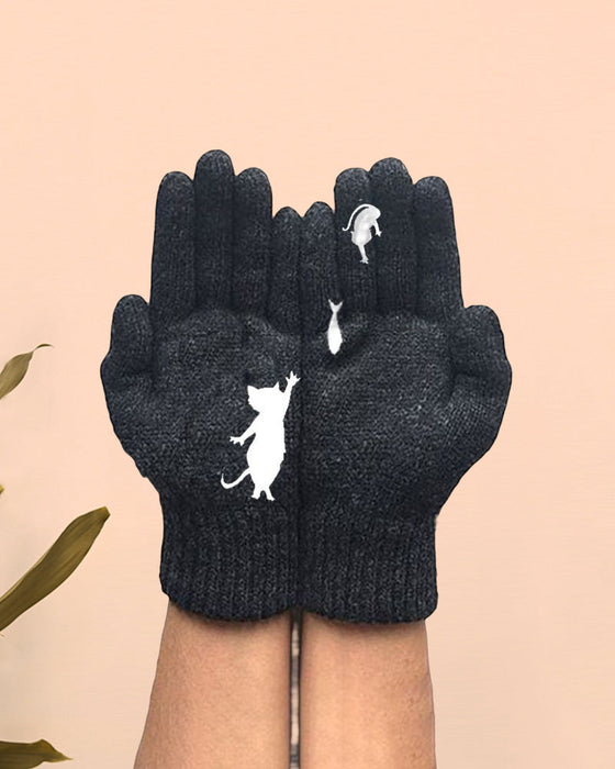 Varma Handskar med roliga katt- och fisktryck