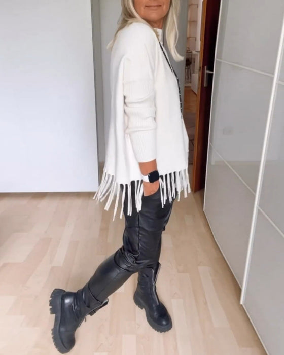 Enfärgad Avslappnad tröja med fransar