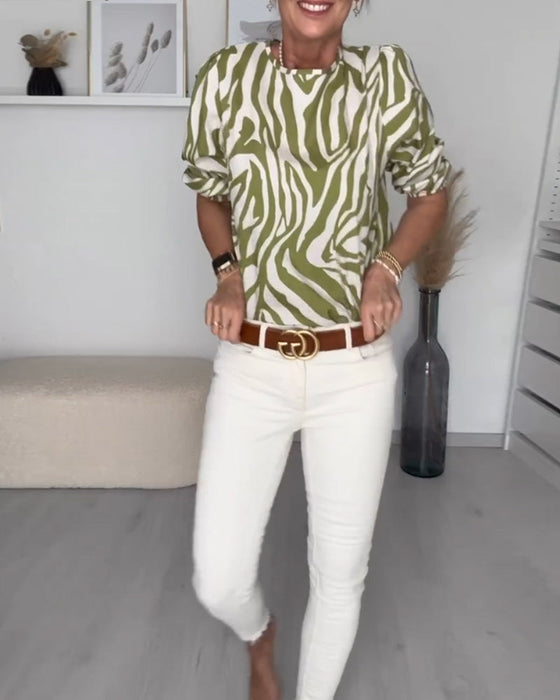 Zebratryck blus med rund hals