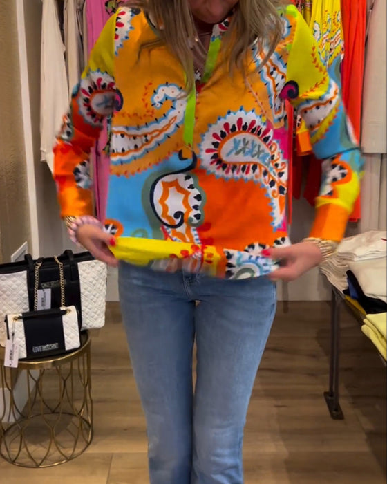 Färgglad tryckt V-ringad långärmad blus