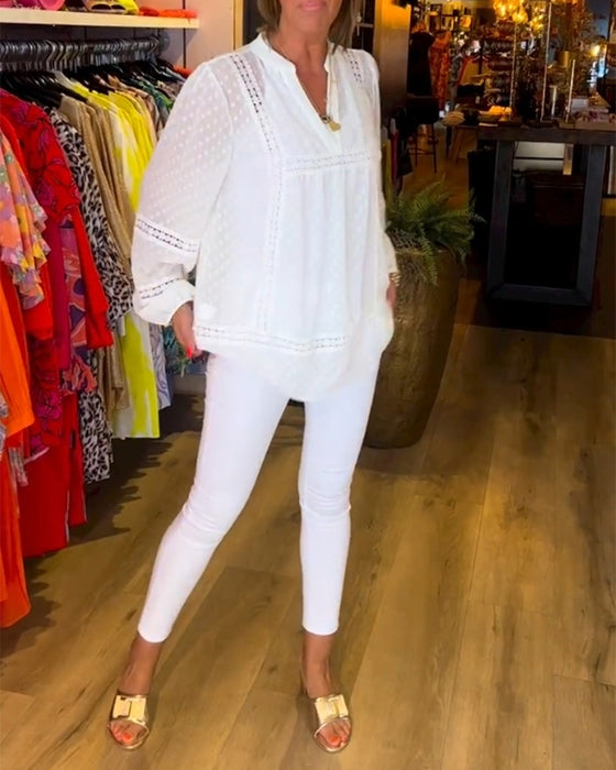 V-ringad spetspanel långärmad topp