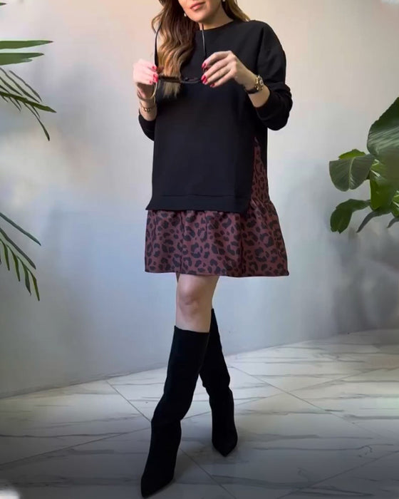 Patchwork ledig klänning i leopardmönstret