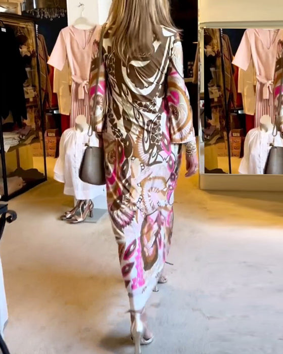 V-ringad lång klänning med tryck