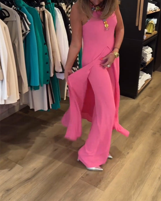 Halterneck slits enfärgad tvådelad set