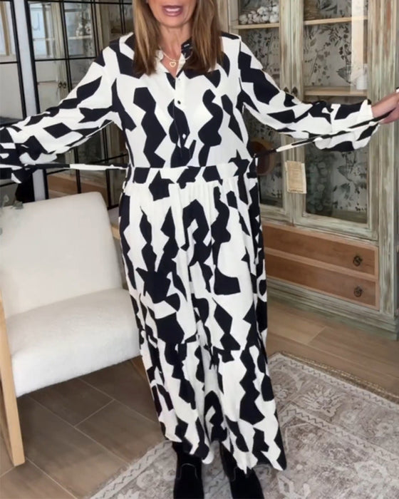 Tryckt långärmad avslappnad maxiklänning