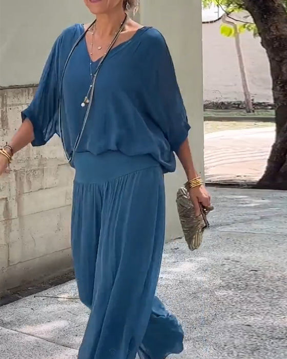 Enfärgad V-ringad casual tvådelad kostym