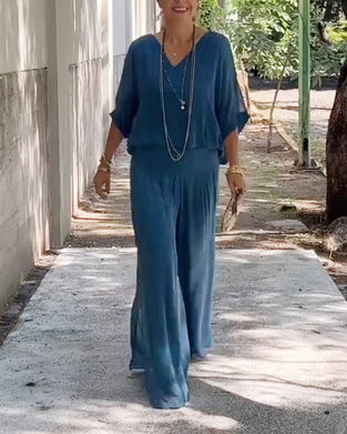 Enfärgad V-ringad casual tvådelad kostym