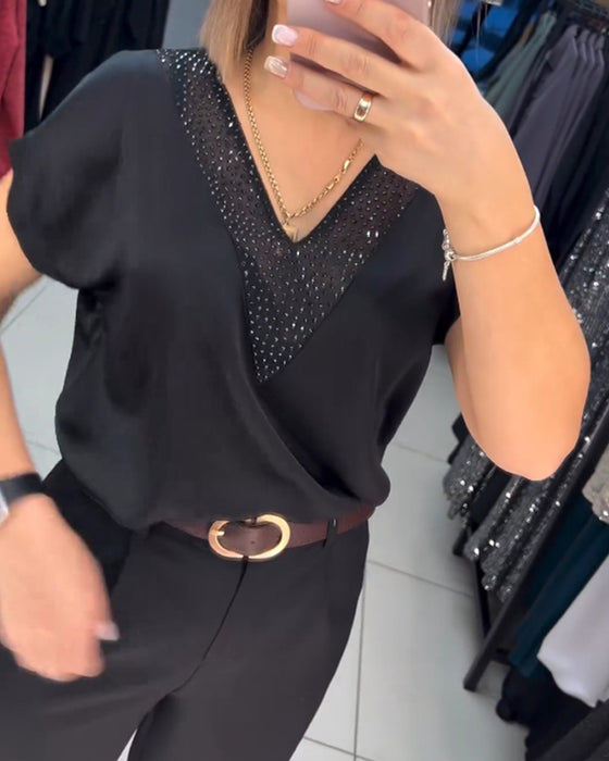 V-ringad kortärmad avslappnad topp