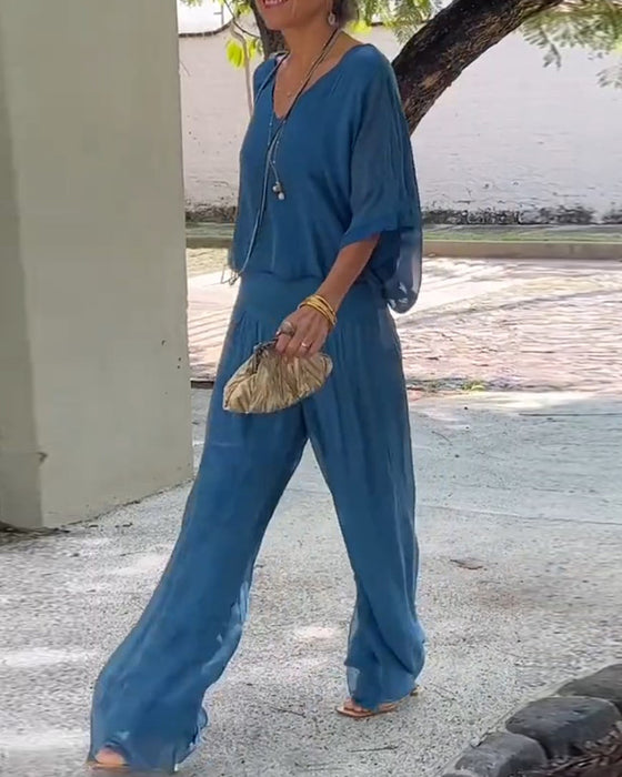 Enfärgad V-ringad casual tvådelad kostym