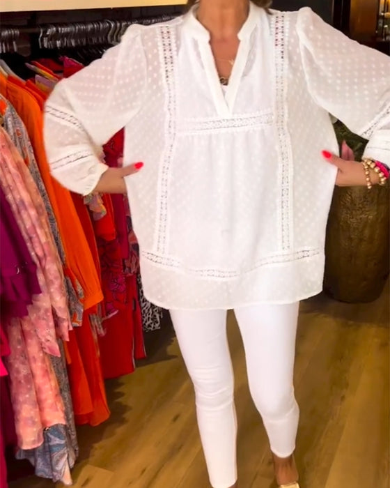 V-ringad spetspanel långärmad topp